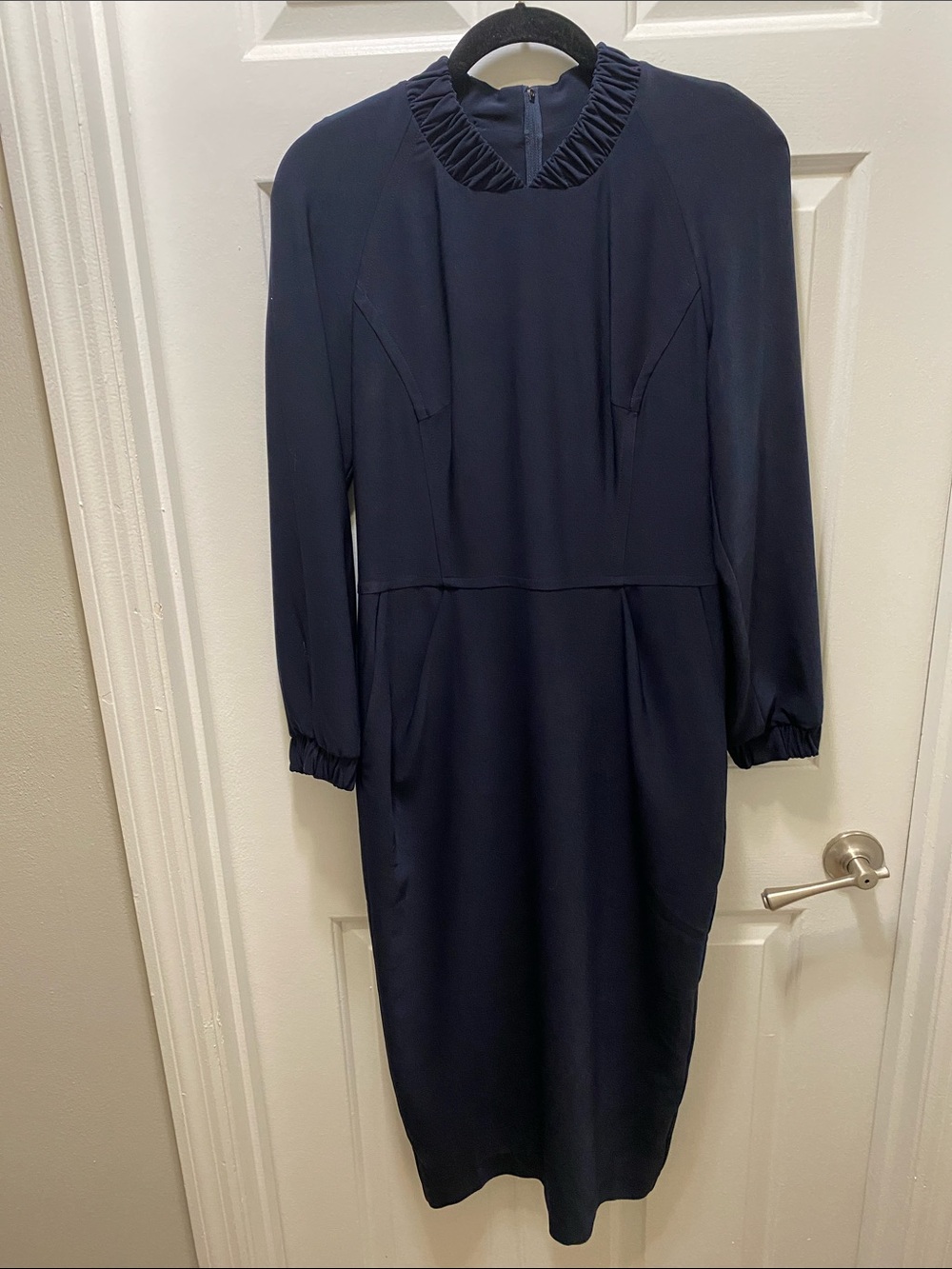 BGL Navy Long Sleeve Ruffle Collar Sheath Dress